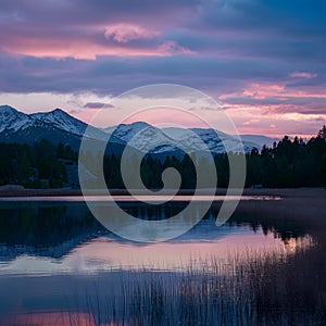 Twilights beauty captured in serene sky lake juxtaposition