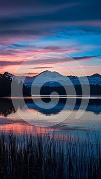 Twilights beauty captured in serene sky lake juxtaposition