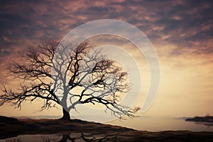 Twilights silhouette, a lone bare tree captures natures quiet elegance