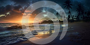 Twilight sky and beach with sunlight, cloud, water and sand beach blurred background