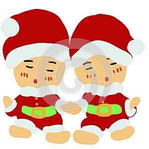 twin babies in santa costume line art doodle