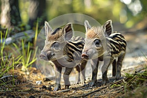 Twin baby boars playing in the natural habitat photo