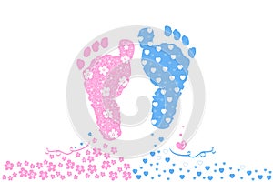 Twin baby boy and girl. Baby foot prints. Baby arrival greeting card vector