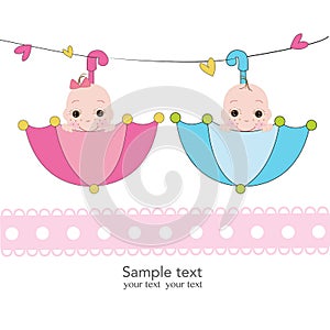 Twin baby boy and girl with umbrella greeting card