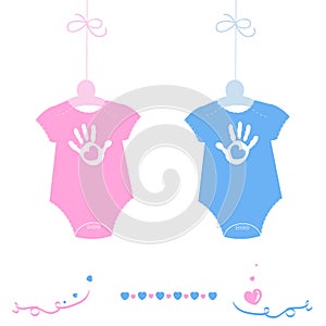 Twin baby girl and boy, baby body with hand prints arrival greeting card vector