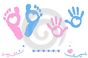 Twin baby girl and boy feet and hand print arrival card