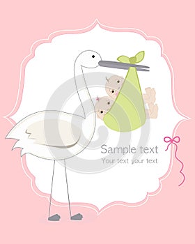 Twin baby girl and boy with stork baby arrival card