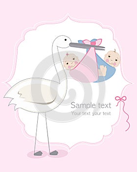 Twin baby girl and boy with stork baby arrival greeting card