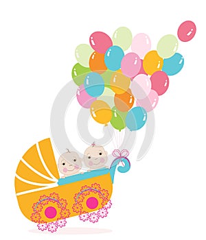 Twin baby stroller with balloon. Baby shower greeting card vector illustration