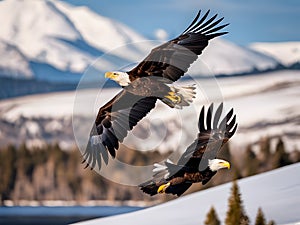 Twin Bald Eagles Commanding the Skies Over Snowy Peaks photo