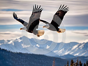 Twin Bald Eagles Soaring Over Snowy Peaks photo