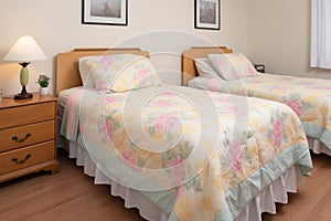 twin bedroom setup with pastel colored bedding and side tables