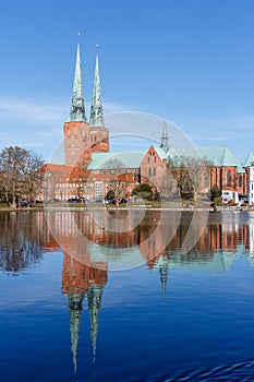 Twin bell-towers of the medieval Gothic church in Lubeck