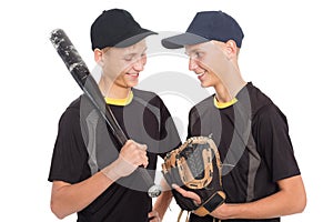 Twin brothers guys in the form of a baseball game