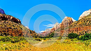 Twin Brothers mountain and Mountain of the Sun in Zion National Park in Utah, United Sates