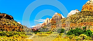 Twin Brothers mountain and Mountain of the Sun in Zion National Park in Utah, United Sates