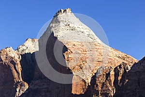 Twin Brothers Mountain Peak with Sheer Navajo Sandstone Cliffs Landscape View in Zion National Park, Utah USA