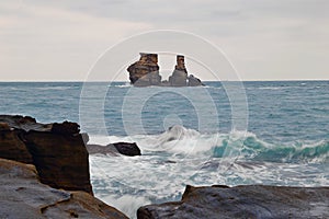 Twin Candlestick Islets Husband and Wife Rocks at the North Coast of Taiwan, Jinshan District, New Taipei,