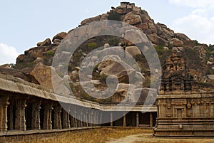 Twin chambered shrine of goddess and the cloisters. Achyuta Raya temple, Hampi, Karnataka.Sacred Center. View from the east. Matan