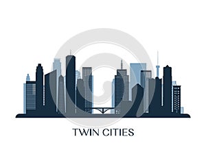 Twin Cities skyline, monochrome silhouette.