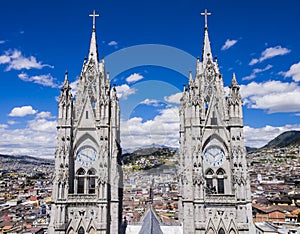 Twin clock tower of the Basilica del Voto Nacional, Quito, Ecuador