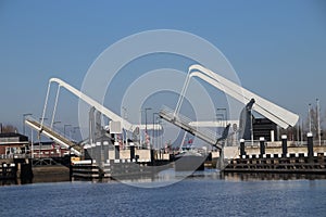 Twin drawbridge open at the sluice complex on river gouwe