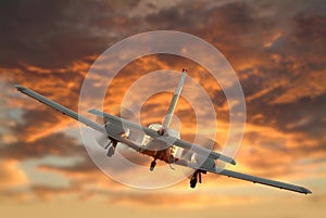 A twin engine airplane flying