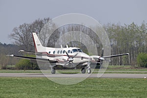 Twin-engine business airplane during landing