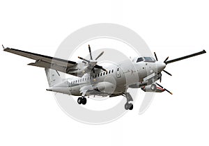 Twin Engine Turboprop Aircraft Isolated by White Screen in Daylight photo