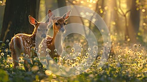 Twin Fawns at Golden Hour in Flowering Meadow