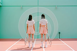 twin female tennis players standing with rackets. Generative AI