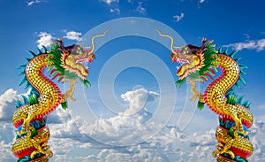 Twin golden chinese dragon statue in blue sky background