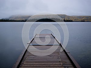 Twin Lakes boating dock fall rain Yukon Canada