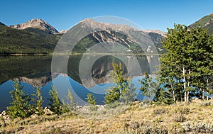 Twin Lakes Mid Summer Morning with Alpine Mountain Reflected Vistas.