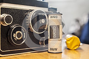 Twin-Lens Reflex camera with black and white film roll