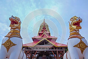 Twin Lion statue At Stupa in Bodh Gaya Sangkhla Buri District kanchanaburi thailand