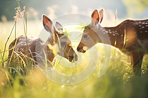 twin moose calves grazing in a sunny meadow