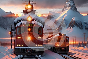 The Twin Motorized Trains Continuing Their Journey on Snow Covered Tracks against the Majestic Backdrop of the Sunset and. AI