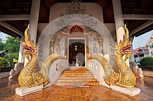 Twin naga serpents at the entrance to Wat Chedi Luang, Chiang Mai, Thailand