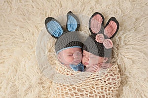 Twin Newborn Babies in Bunny Rabbit Costumes