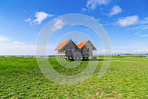 Twin old house on wetland at Talay Noi lake at Thailand