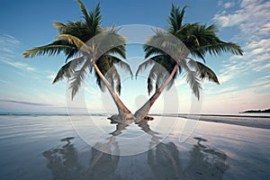 twin palm trees bending towards each other on a beach