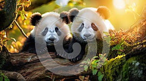 Twin panda cubs watching from their perch in the forest. Generative ai