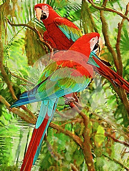 Twin Parrots perching on branches with a colorful green background