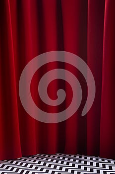 Twin peaks scene with red velvet curtain and black and white tile on floor, vertical. Theatre blank stage for presentation.