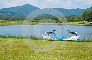 Twin Pedal boats parking near the pool in Singha park, Chiang Rai province of Thailand.