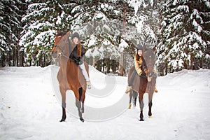 Twin sisters and horse in the winter forest