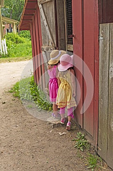 Twin Sisters Looking to See What is in the Barn