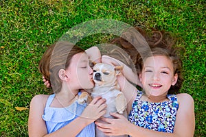 Twin sisters playing with chihuahua dog lying on lawn