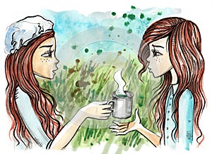 Twin sisters sharing a cup of tea